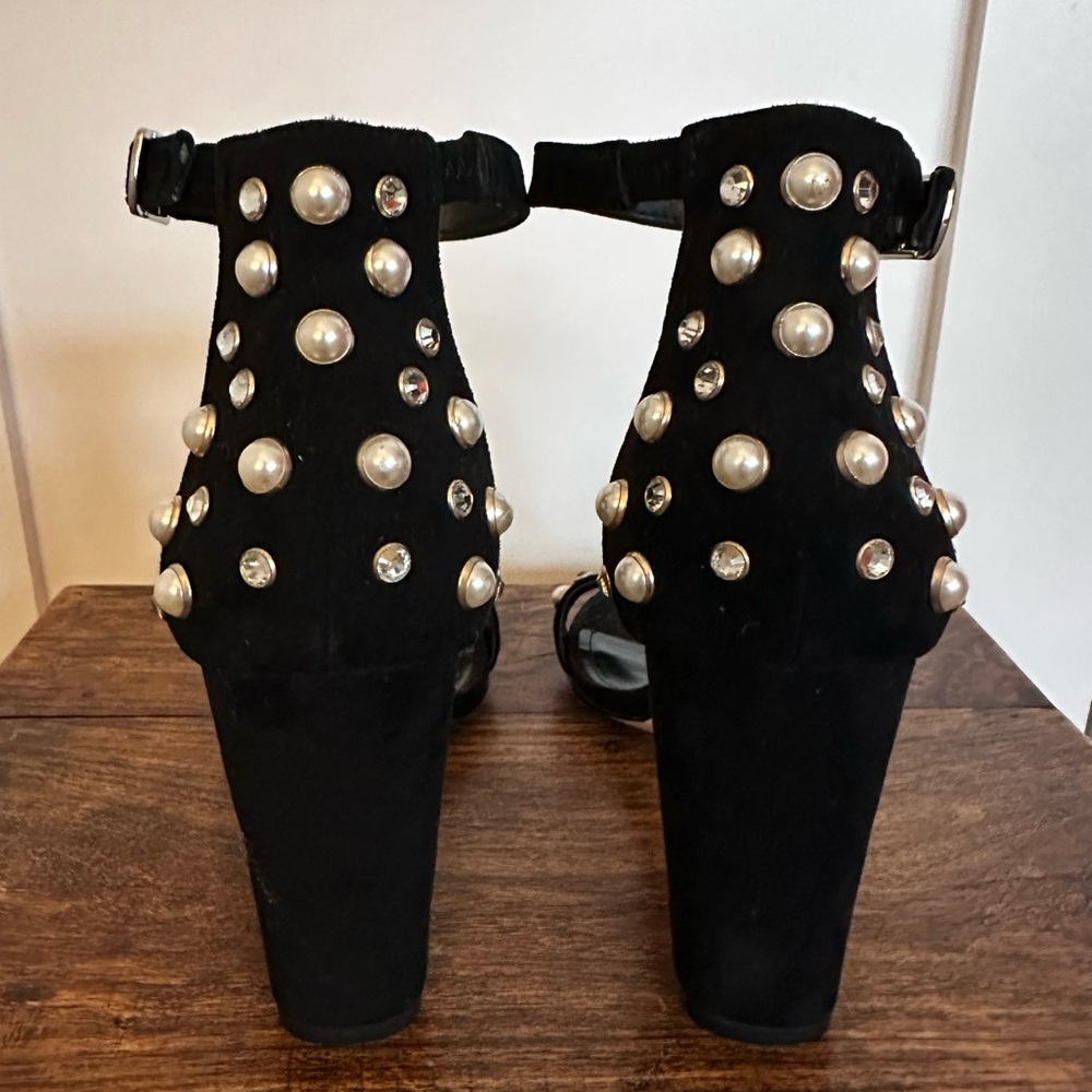 WHBM size 8 block heel sandal—black suede with pearl and rhinestone studs. - Picture 4 of 8